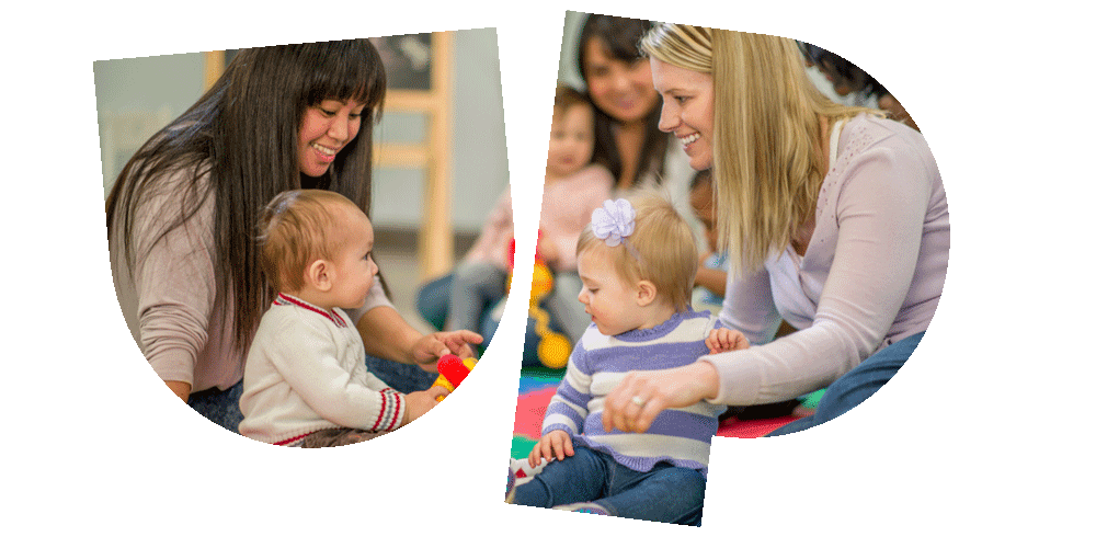 Two mothers with their babies in a playgroup setting, sitting on the floor, smiling, and engaging with their children.
