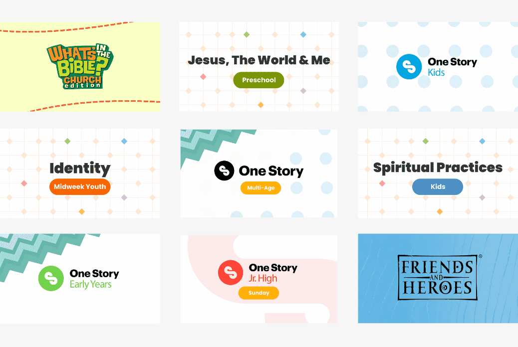 Grid of colorful educational program titles, including "What's in the Bible," "One Story," and "Friends and Heroes" for various age groups.