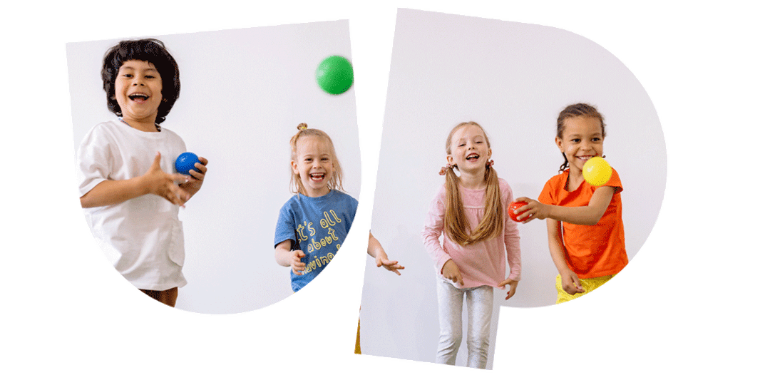 Four children smiling and juggling colorful balls against a white background.