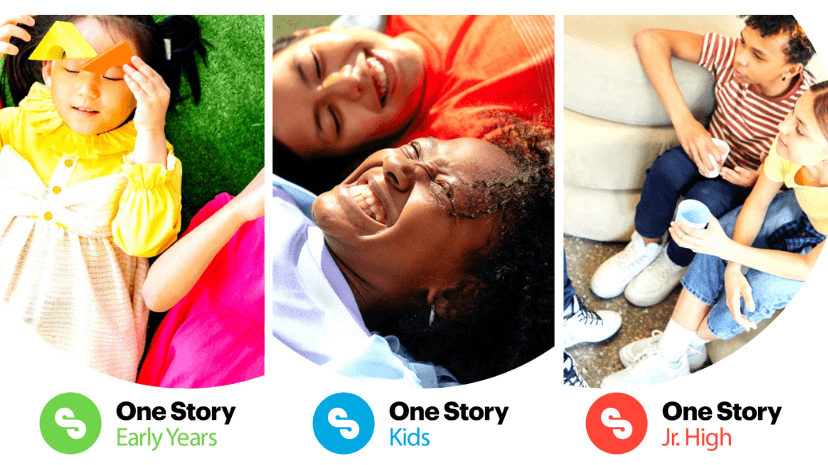 Three panels of diverse children enjoying activities, labeled "One Story Early Years," "One Story Kids," and "One Story Jr. High."
