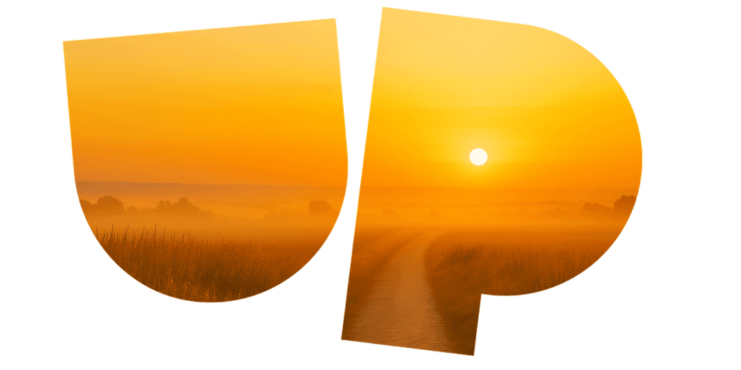 The word "UP" in large, stylized letters filled with a sunrise landscape, featuring a sun and fields in warm hues.