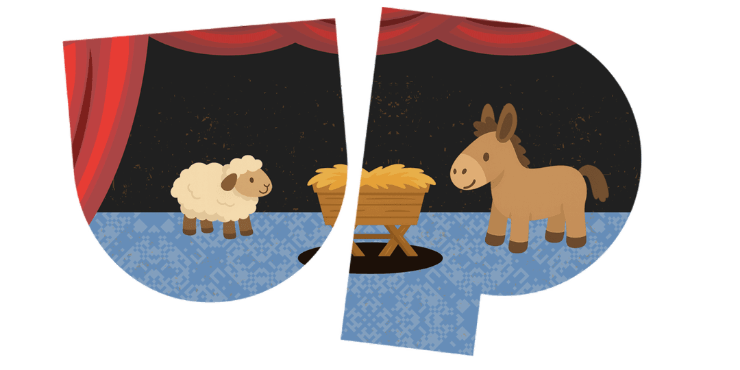 A cartoon sheep and horse stand on a stage with a red curtain, separated by a manger filled with hay.